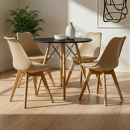 Mesa Redonda Eiffel 80cm Preta com 4 Cadeiras Siena Nude