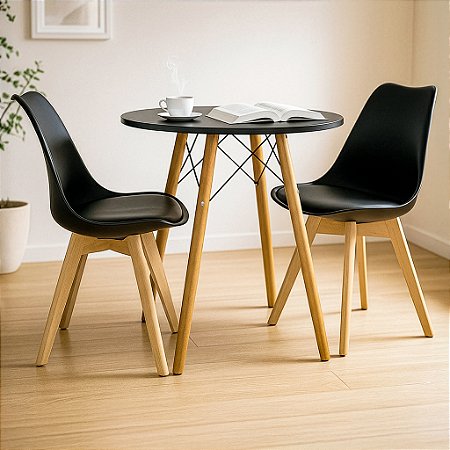 Mesa Redonda Eiffel 80cm Preta com 2 Cadeiras Siena Preta