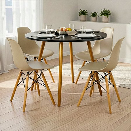 Mesa Redonda Sofia 80cm Preta com 4 Cadeiras Eiffel Nude