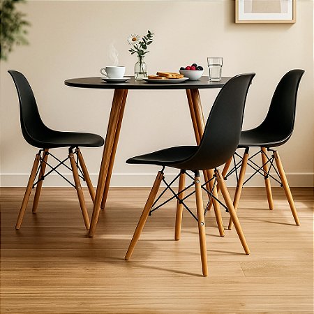 Mesa Redonda Sofia 80cm Preta com 3 Cadeiras Eiffel Preta