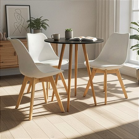 Mesa Redonda Sofia 80cm Preta com 3 Cadeiras Siena Branca