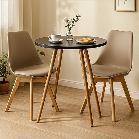 Mesa Redonda Sofia 80cm Preta com 2 Cadeiras Siena Nude