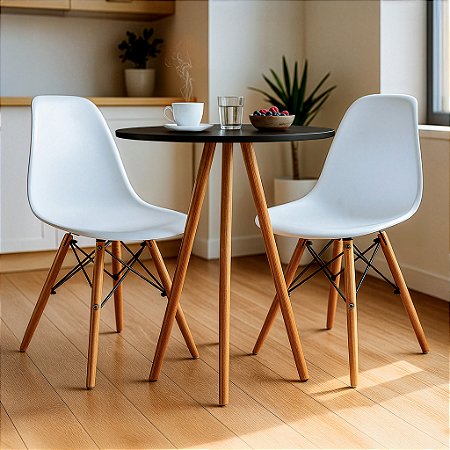 Mesa Redonda Tripé 80cm Preta com 2 Cadeiras Eiffel Branca
