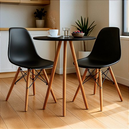 Mesa Redonda Tripé 80cm Preta com 2 Cadeiras Eiffel Preta