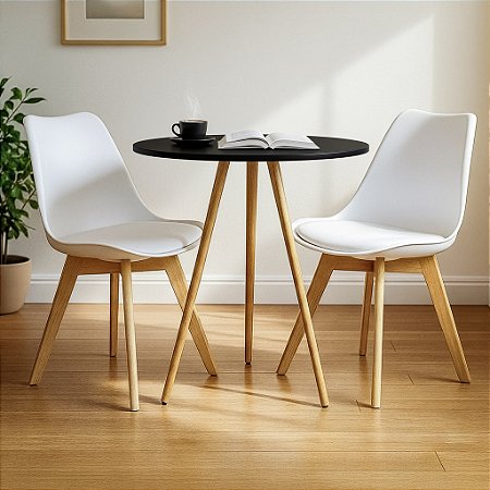 Mesa Redonda Tripé 80cm Preta com 2 Cadeiras Siena Branca