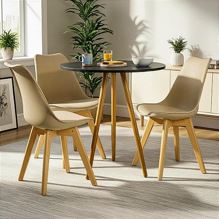 Mesa Redonda Tripé 80cm Preta com 3 Cadeiras Siena Nude