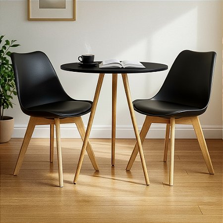 Mesa Redonda Tripé 80cm Preta com 2 Cadeiras Siena Preta