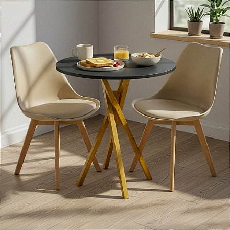 Mesa Redonda Bistrô 80cm Preta com 2 Cadeiras Siena Nude