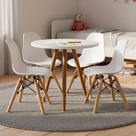 Mesa Infantil Branca 50cm Tripé + 4 Cadeiras Eiffel Branco