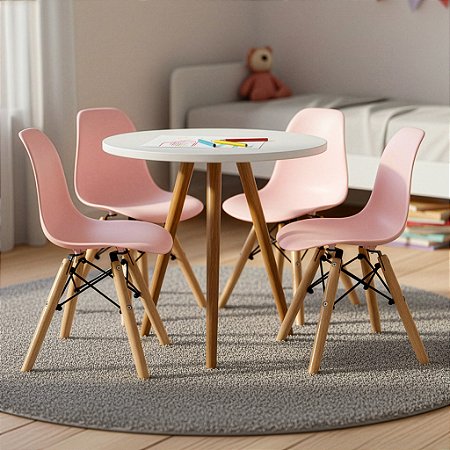 Mesa Infantil Branca 50cm Tripé + 4 Cadeiras Eiffel Rosa