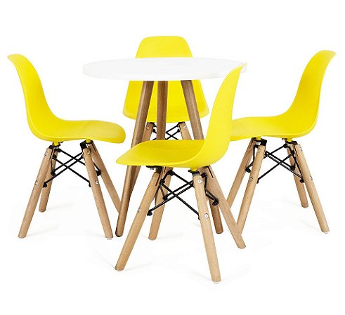 Mesa Infantil Branca 50cm Tripé + 4 Cadeiras Eiffel Amarelo
