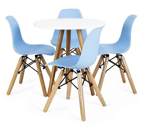 Mesa Infantil Branca 50cm Tripé + 4 Cadeiras Eiffel Azul