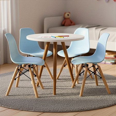 Mesa Infantil Branca 50cm Tripé + 4 Cadeiras Eiffel Azul