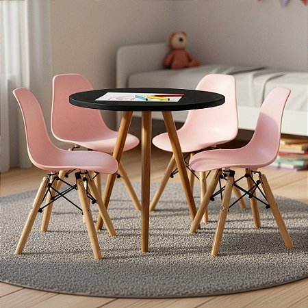 Mesa Infantil Preta 50cm Tripé + 4 Cadeiras Eiffel Rosa