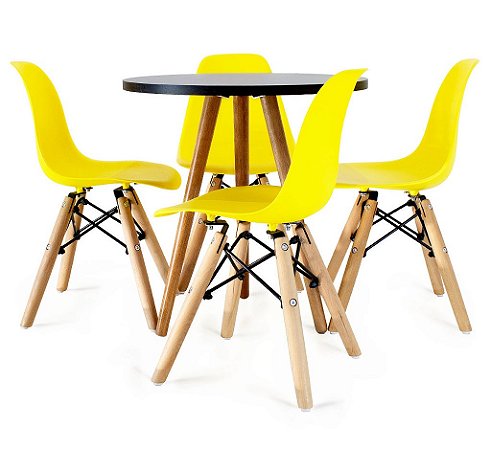 Mesa Infantil Preta 50cm Tripé + 4 Cadeiras Eiffel Amarelo