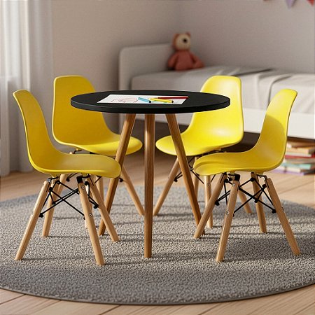 Mesa Infantil Preta 50cm Tripé + 4 Cadeiras Eiffel Amarelo