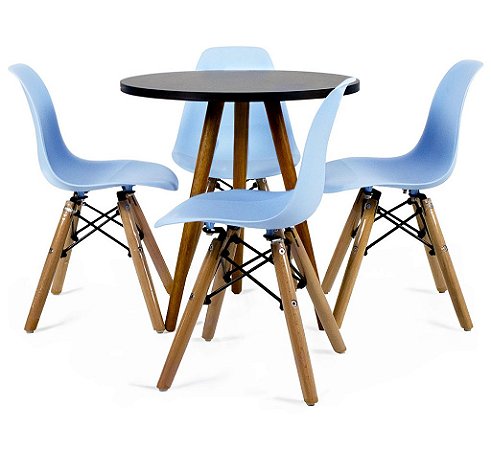 Mesa Infantil Preta 50cm Tripé + 4 Cadeiras Eiffel Azul