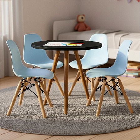 Mesa Infantil Preta 50cm Tripé + 4 Cadeiras Eiffel Azul