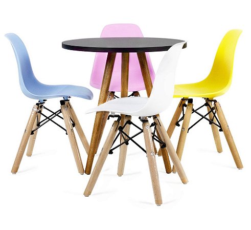 Mesa Infantil Preta 50cm Tripé + 4 Cadeiras Eiffel Colorido