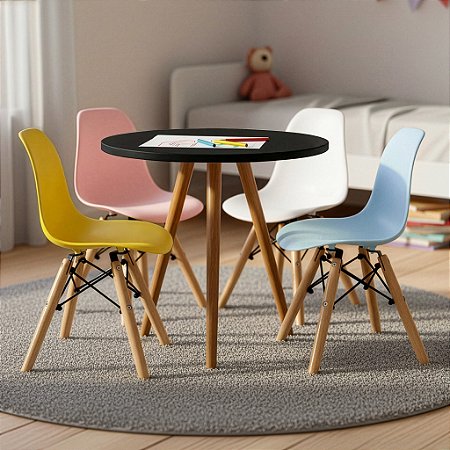 Mesa Infantil Preta 50cm Tripé + 4 Cadeiras Eiffel Colorido