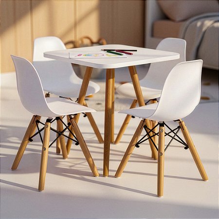 Mesa Infantil Branca 50cm Quadrada + 4 Cadeiras Eiffel Branco