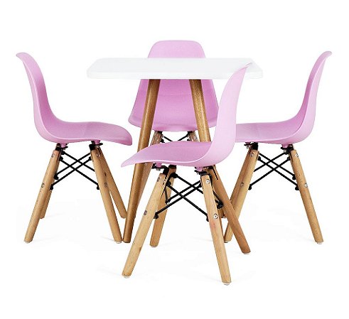 Mesa Infantil Branca 50cm Quadrada + 4 Cadeiras Eiffel Rosa