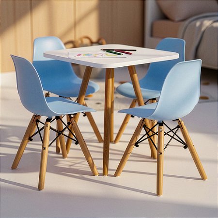 Mesa Infantil Branca 50cm Quadrada + 4 Cadeiras Eiffel Azul