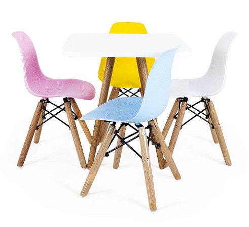 Mesa Infantil Branca 50cm Quadrada + 4 Cadeiras Eiffel Colorido