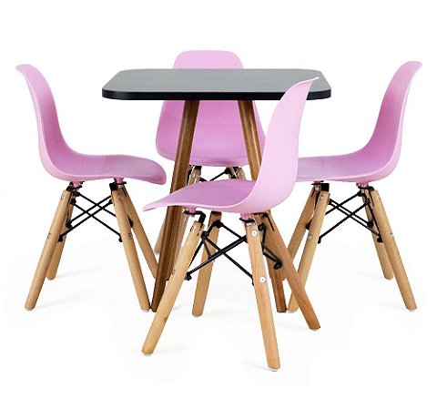 Mesa Infantil Preta 50cm Quadrada + 4 Cadeiras Eiffel Rosa