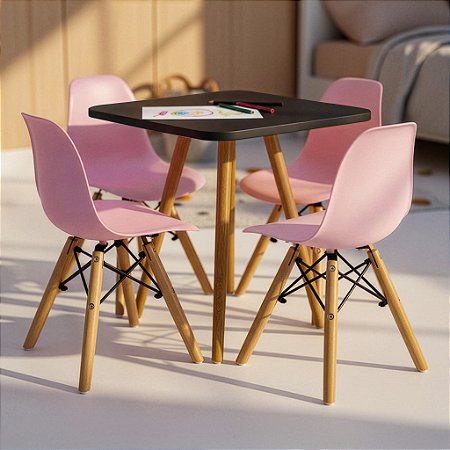 Mesa Infantil Preta 50cm Quadrada + 4 Cadeiras Eiffel Rosa