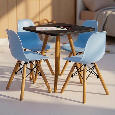 Mesa Infantil Preta 50cm Quadrada + 4 Cadeiras Eiffel Azul