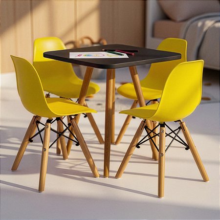 Mesa Infantil Preta 50cm Quadrada + 4 Cadeiras Eiffel Amarelo