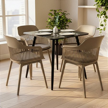 Mesa de Jantar Quadrada Sofia 80cm Preta com 4 Cadeiras Montreal Nude
