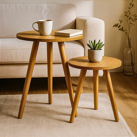 Conjunto 2 Mesas de Canto Redonda 35x30cm / 35x50 - Louro Freijó