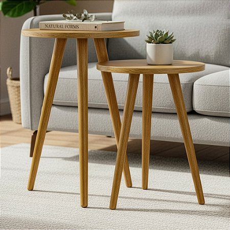 Conjunto 2 Mesas de Canto Redonda 35x30cm / 35x50 - Louro Freijó