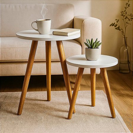 Conjunto 2 Mesas de Canto Redonda 35x30cm / 35x50 - Branco