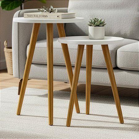 Conjunto 2 Mesas de Canto Redonda 35x30cm / 35x50 - Branco