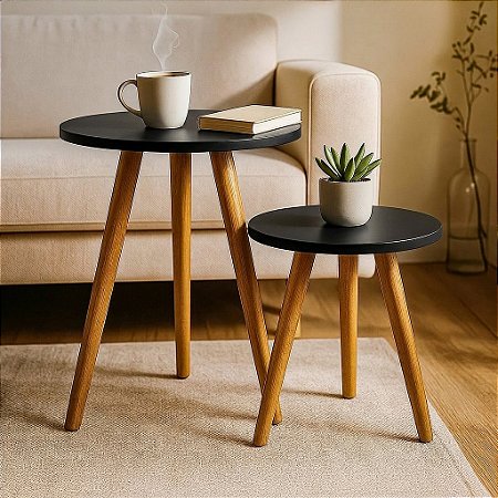 Conjunto 2 Mesas de Canto Redonda 35x30cm / 35x50 - Preto