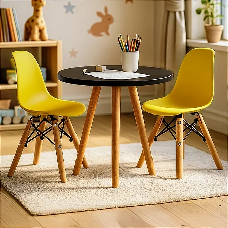 Kit Mesa Infantil Preta 50cm Tripé + 2 Cadeiras Eiffel Amarelo