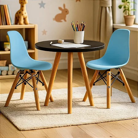 Kit Mesa Infantil Preta 50cm Tripé + 2 Cadeiras Eiffel Azul