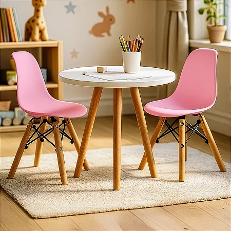 Kit Mesa Infantil Branca 50cm Tripé + 2 Cadeiras Eiffel Rosa