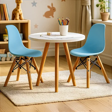 Kit Mesa Infantil Branca 50cm Tripé + 2 Cadeiras Eiffel Azul