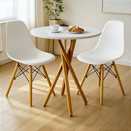 Mesa Redonda Bistrô 60cm Branca com 2 Cadeiras Eiffel Branca