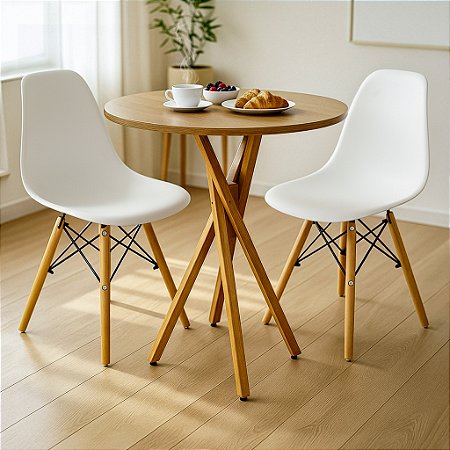 Mesa Redonda Bistrô 60cm Louro Freijó com 2 Cadeiras Eiffel Branca