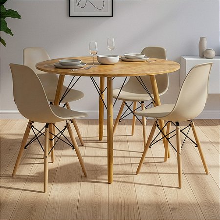Mesa de Jantar Redonda Eiffel 100cm Louro Freijó com 4 Cadeiras Eames Nude