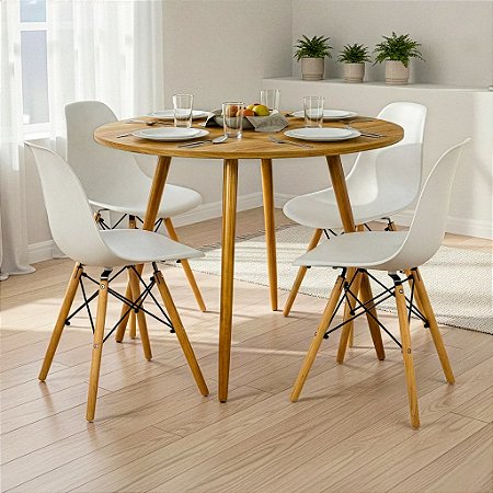 Mesa de Jantar Redonda Sofia 100cm Louro Freijó com 4 Cadeiras Eames Brancas