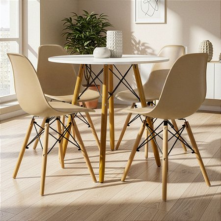 Mesa Redonda Eiffel 90cm Branca com 4 Cadeiras Eiffel Nude