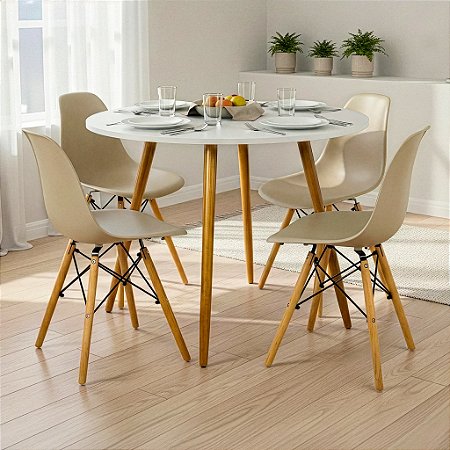 Mesa de Jantar Redonda Sofia 90cm Branca com 4 Cadeiras Eames Nude