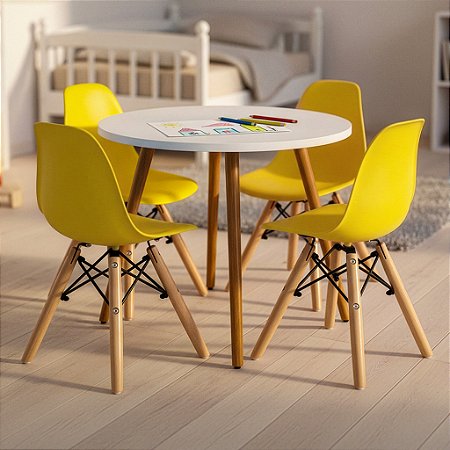 Mesa Infantil Branca 60cm + 4 Cadeiras Eiffel Amarelas