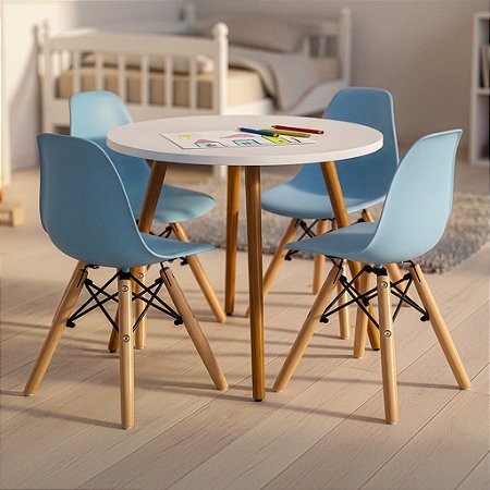 Mesa Infantil Branca 60cm + 4 Cadeiras Eiffel Azul